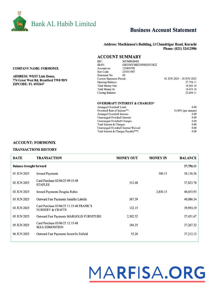 Realistic Pakistan Bank Al Habib enterprise statement Word and PDF template